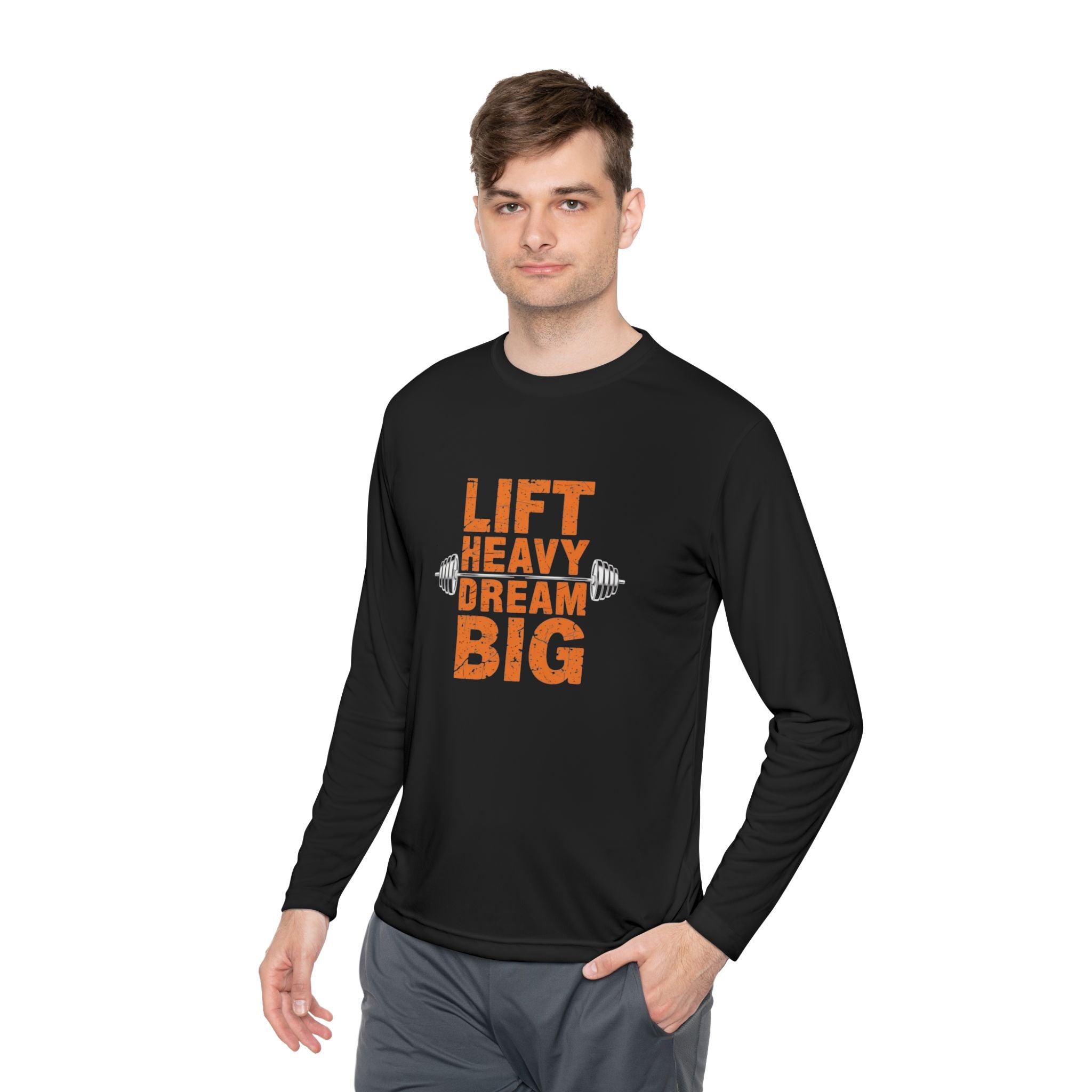 Long Sleeve Tee — "Lift Heavy Dream Big" Motivational Gym Shirt